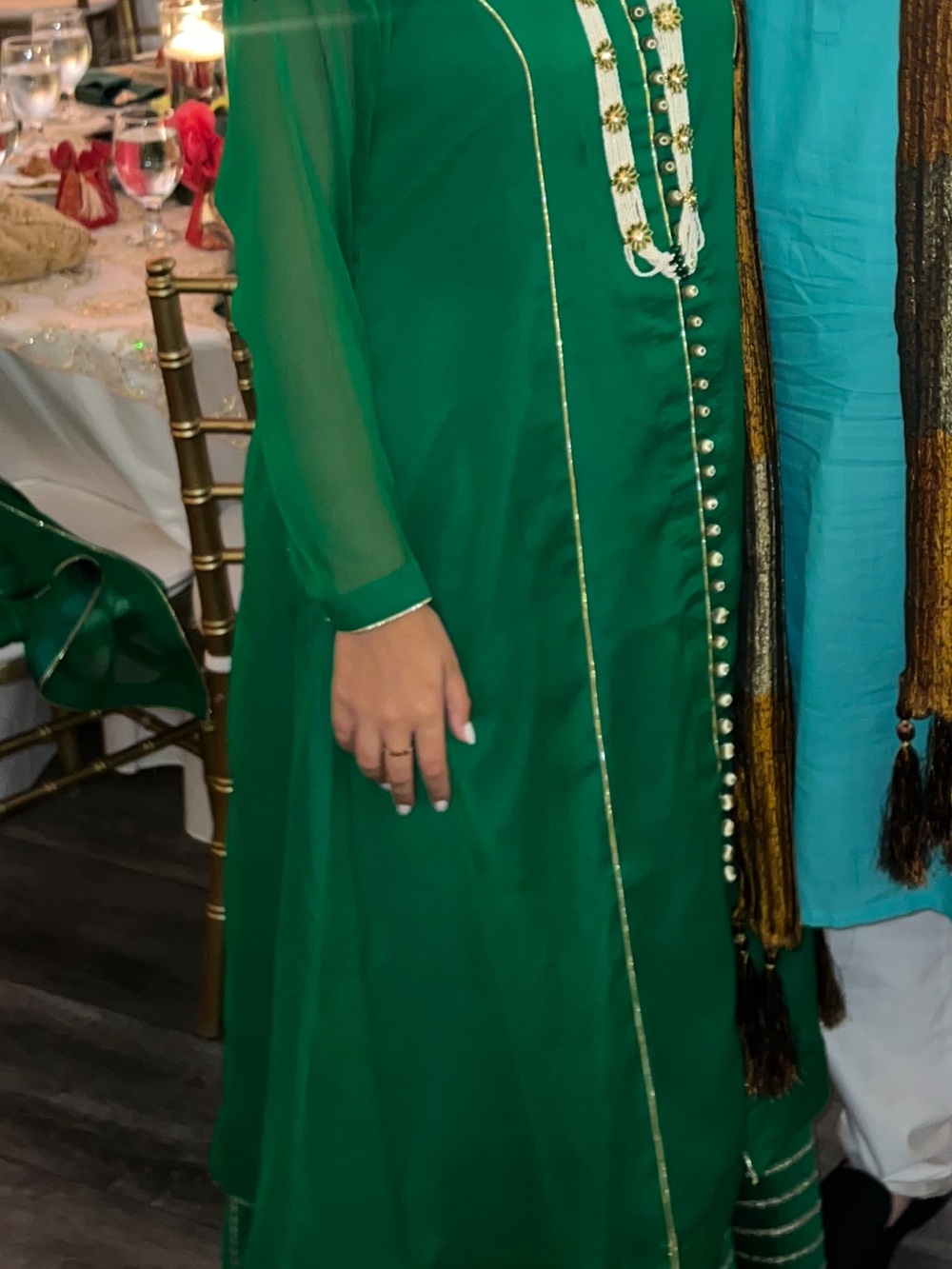 3 Pieces: Pakistani Elegant Green Women's Long Dress with Gold Trim